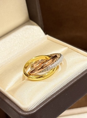 S925纯银 三色三圈戒指轻奢三金简约排钻单圈钻高级感经典