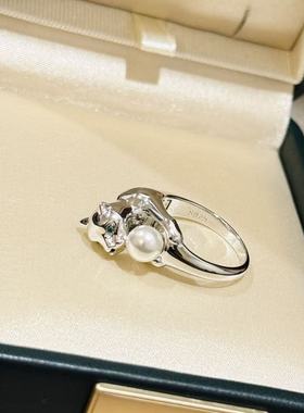 S925纯银 白金绿眼睛光面豹子珍珠戒指轻奢高级感精致