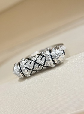 S925纯银 可转动黑色珐琅格纹滚筒满钻戒指男女同款霸气高级感时