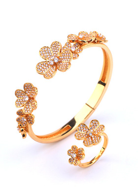 时尚满镶锆石三叶花手镯小清新开口手环戒指套装女轻奢气质手饰
