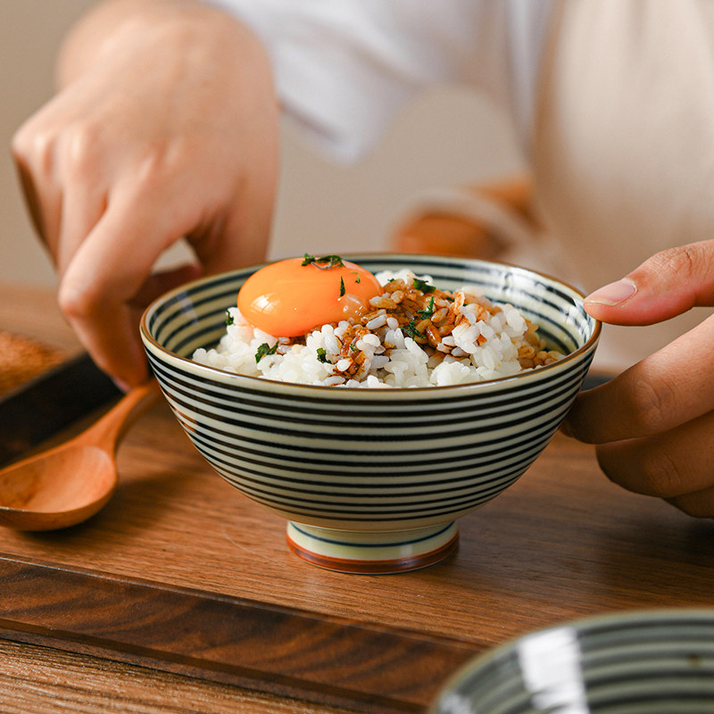 日本进口古染米饭碗汤碗家用单个高脚小碗釉下彩陶瓷器日式料理