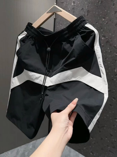 2025夏季新款男士休闲短裤宽松直筒运动速干沙滩裤美式拼色五分裤