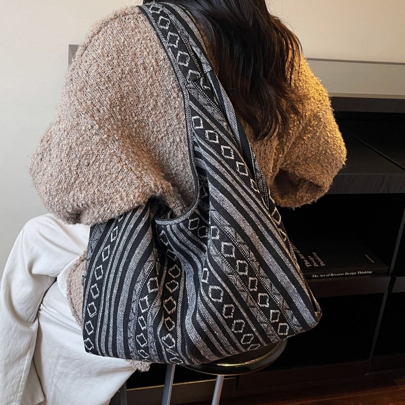 民族风条纹帆布包包女大容量通勤单肩托特包小众百搭慵懒双肩背包,淘宝优惠券,粉丝福利购,淘宝优惠卷