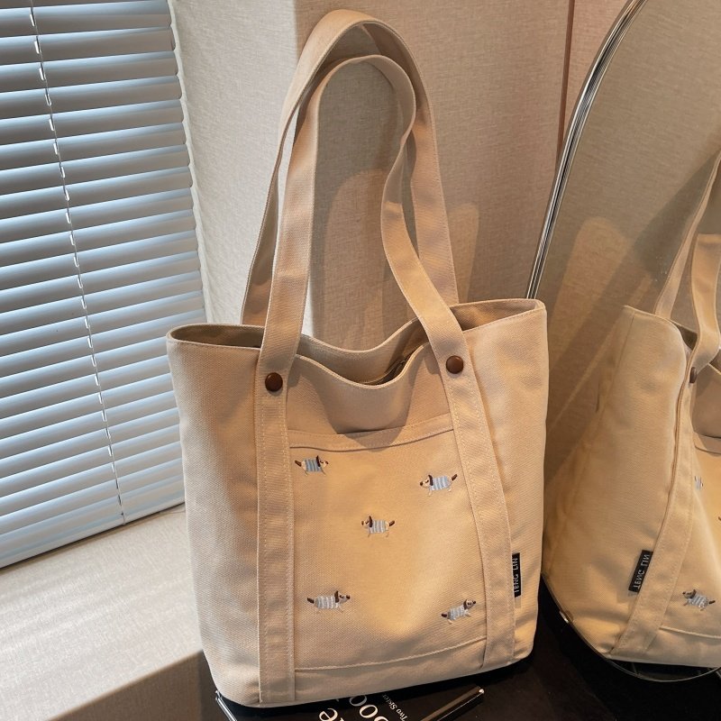 刺绣腊肠狗帆布托特包包女夏大容量上课手提袋小众百搭单肩通勤包,淘宝优惠券,粉丝福利购,淘宝优惠卷