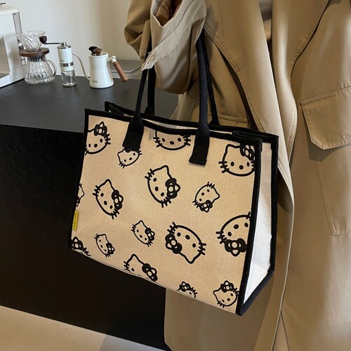 大容量包包女2026新款外出短途手提购物袋卡通帆布单肩通勤托特包 - 图3