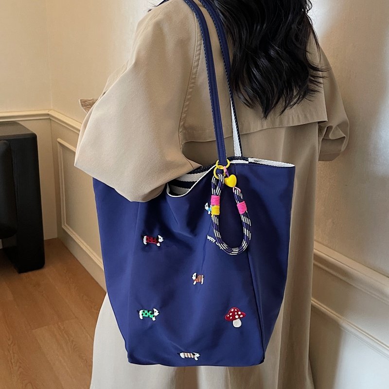 双面条纹大容量托特包女腊肠狗刺绣帆布袋百搭学生上课单肩通勤包,淘宝优惠券,粉丝福利购,淘宝优惠卷