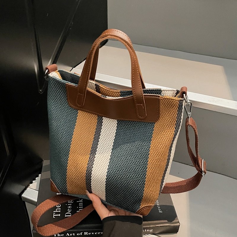条纹帆布包女2025新款大容量手提通勤包小众百搭单肩斜挎托特小包,淘宝优惠券,粉丝福利购,淘宝优惠卷