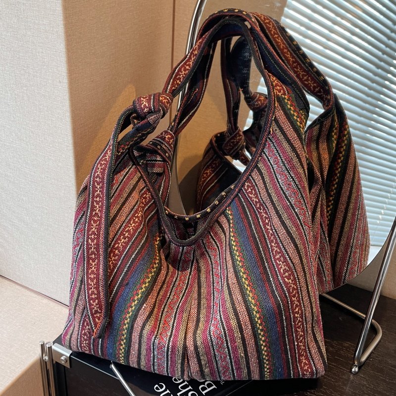 民族风条纹帆布包包女大容量通勤单肩托特包小众百搭慵懒双肩背包,淘宝优惠券,粉丝福利购,淘宝优惠卷