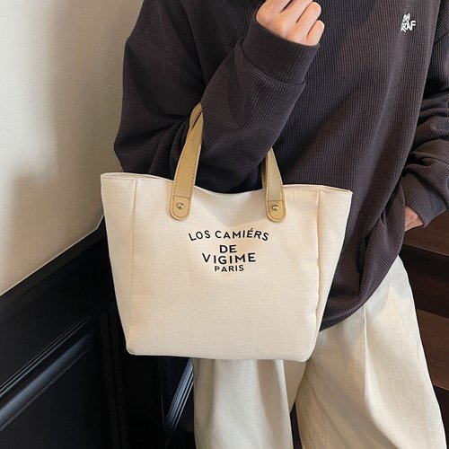 时尚手拎帆布小包包女夏妈咪上班手提袋百搭大容量通勤水桶托特包 - 图2