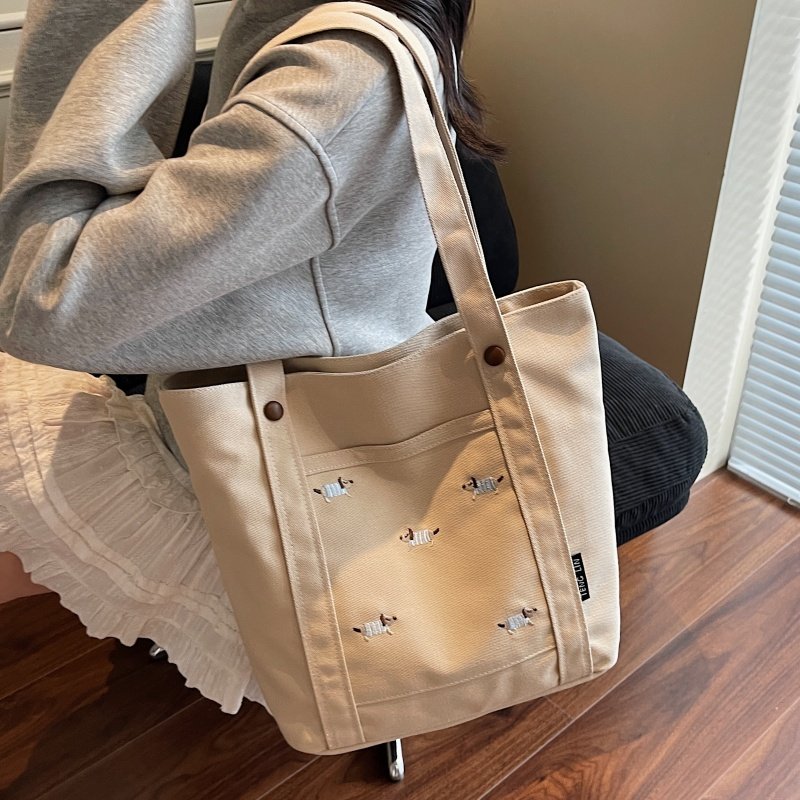 刺绣腊肠狗帆布托特包包女夏大容量上课手提袋小众百搭单肩通勤包,淘宝优惠券,粉丝福利购,淘宝优惠卷