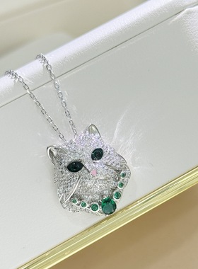 925银祖母绿波斯猫项链