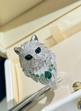 S925纯银猫咪祖母绿眼戒指