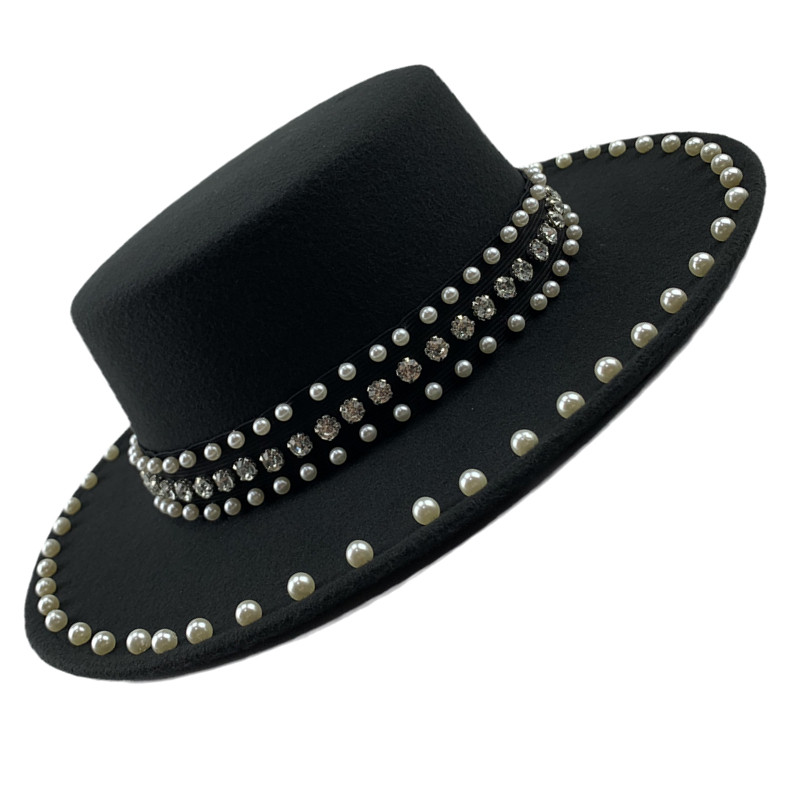 新款法式复古水钻珍珠黑色毛呢赫本平沿礼帽女秋冬天名媛爵士帽子,淘宝优惠券,粉丝福利购,淘宝优惠卷