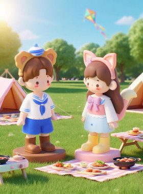 卡通熊熊男孩狐狸女孩潮玩摆件