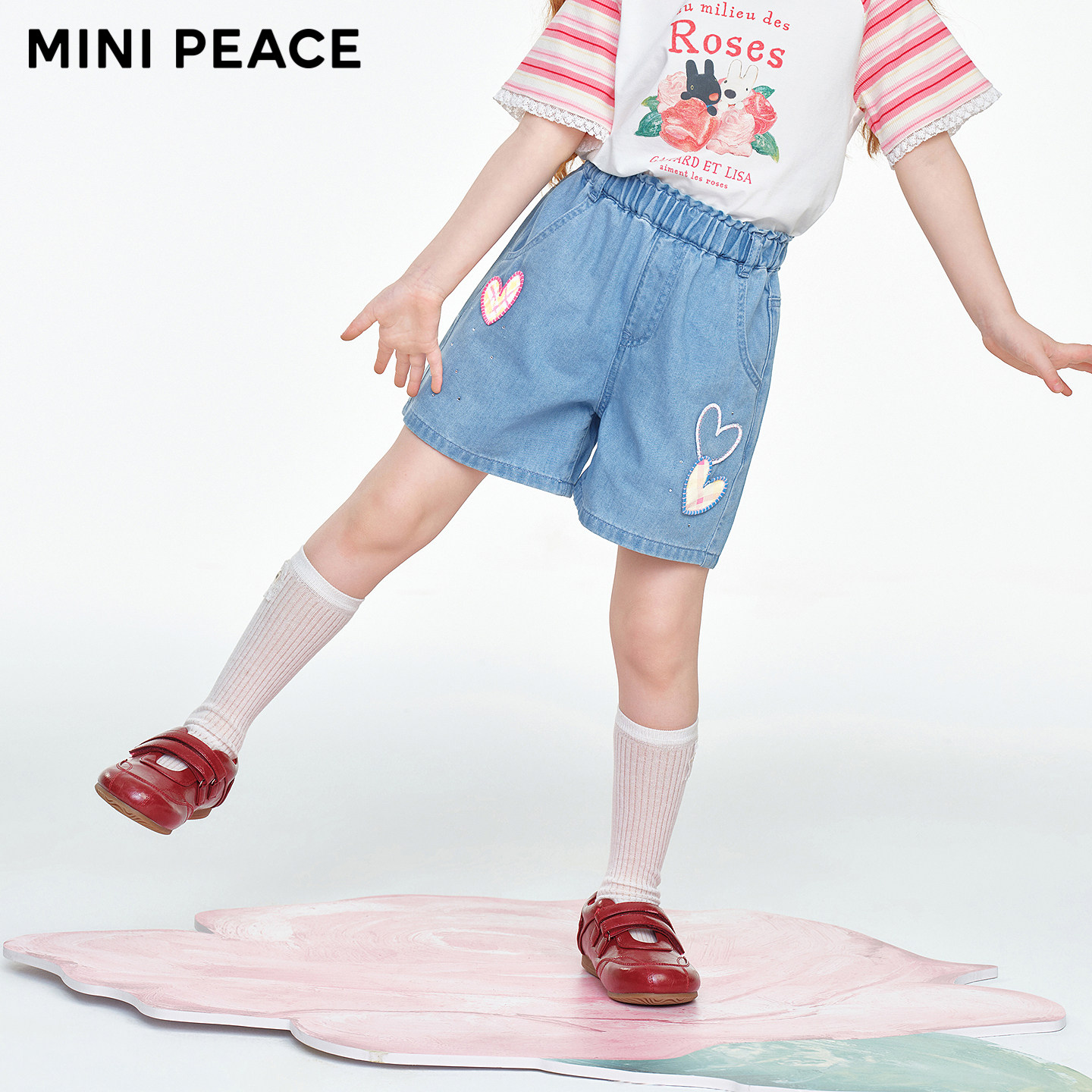 MINIPEACE太平鸟童装女童牛仔短裤夏季薄款儿童格纹贴布五分裤
