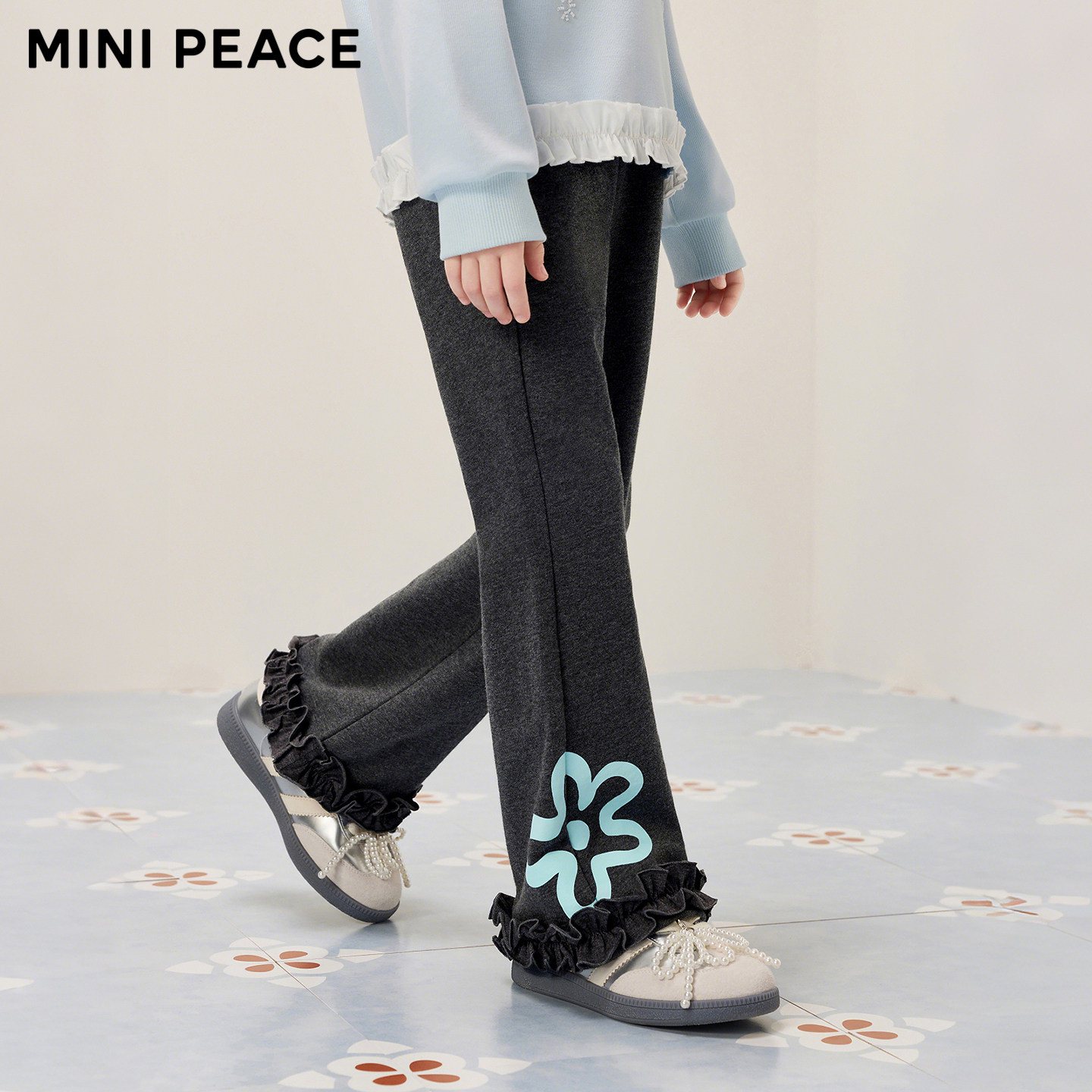 MINIPEACE太平鸟童装女童喇叭裤春秋儿童卫裤女宝花朵长裤中大童