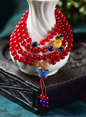 天然红玛瑙蓝色蝴蝶蜜蜡手链