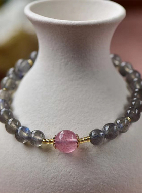 天然单圈月光石草莓晶灰色手串