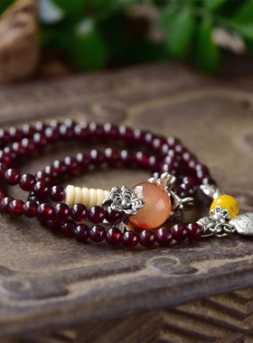 女人石多层天然酒红色手链