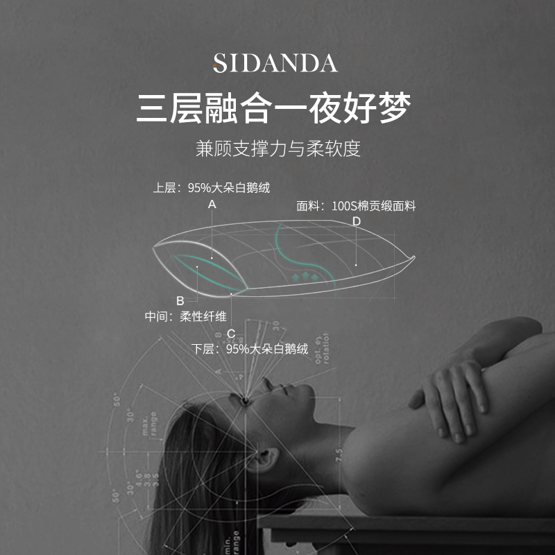 SIDANDA95白鹅绒枕头五星级酒店羽绒枕芯100支全棉柔软舒适回弹-图2