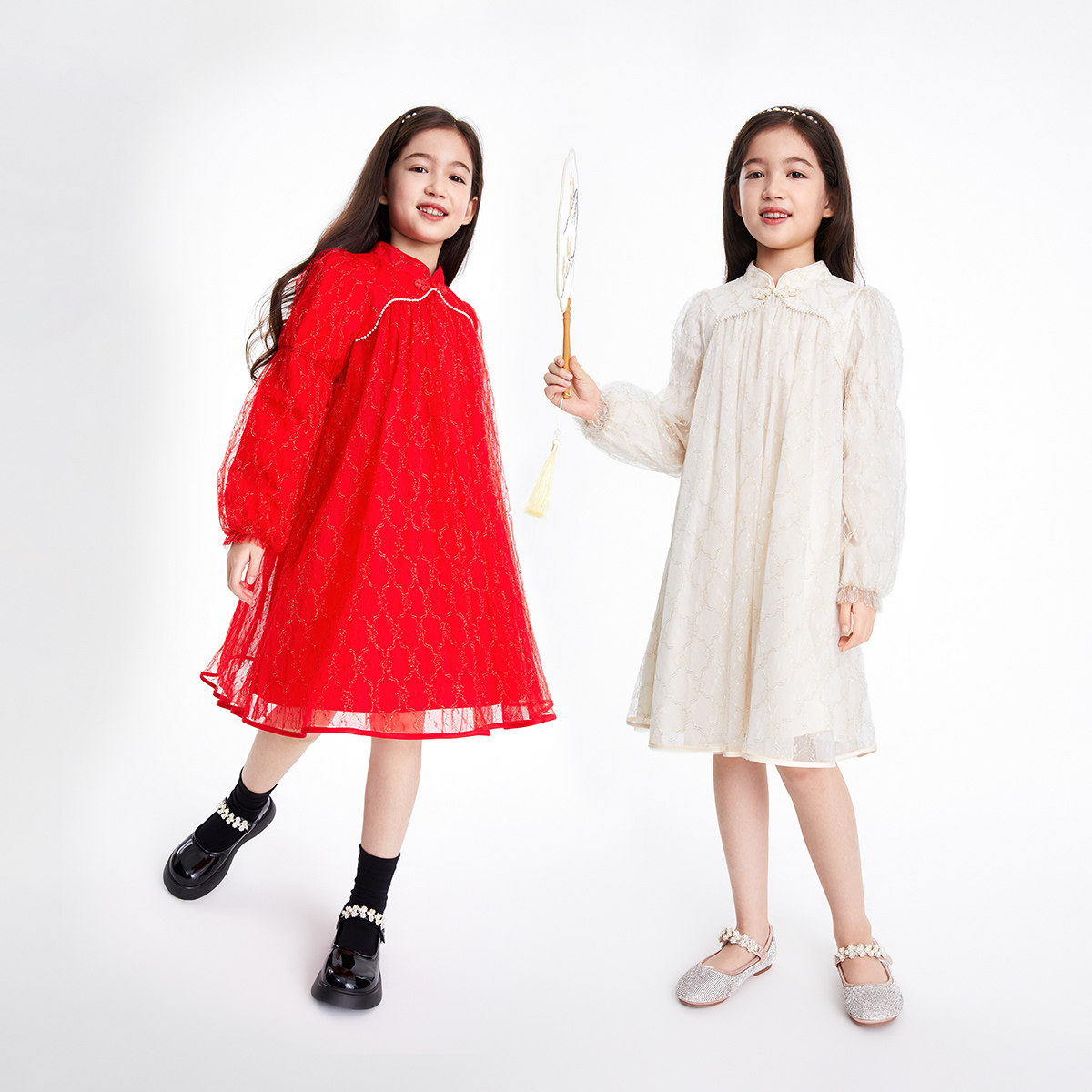 安奈儿女大童汉服唐装长袖连衣裙春秋季款网纱国风立领红色礼服,淘宝优惠券,粉丝福利购,淘宝优惠卷
