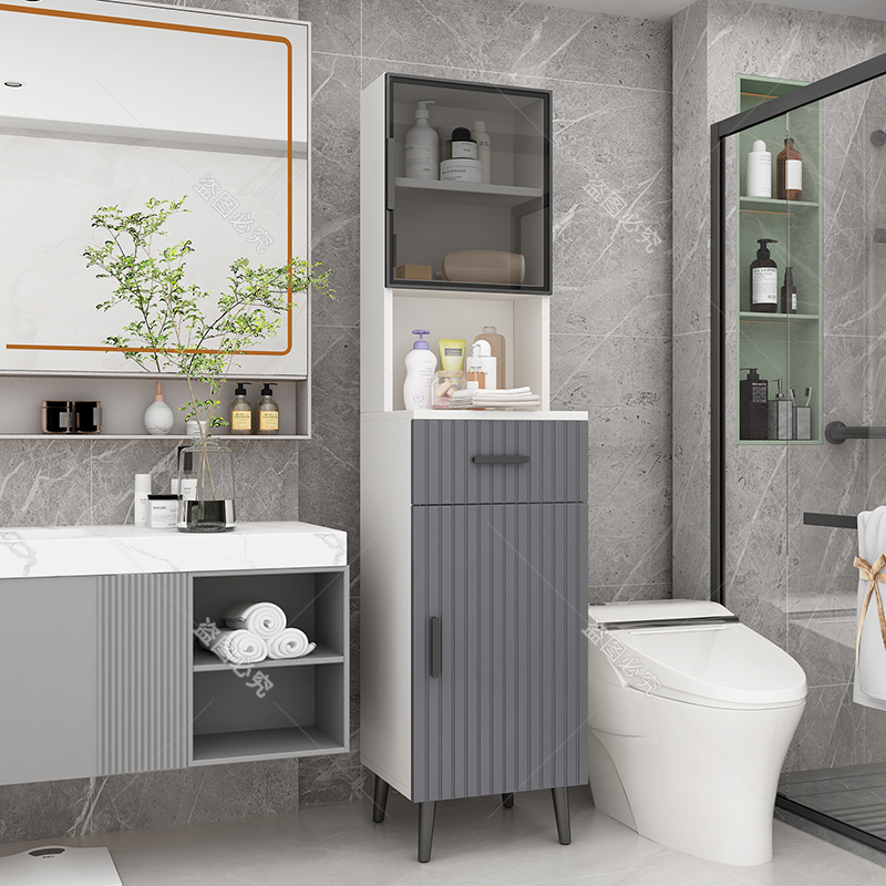 卫生间浴室边柜侧柜收纳柜厕所马桶夹缝置物窄柜玻璃门靠墙落地柜 - 图0
