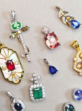 多款轻奢天然彩色宝石吊坠祖母绿红宝石蓝宝石沙弗莱月光石海蓝宝