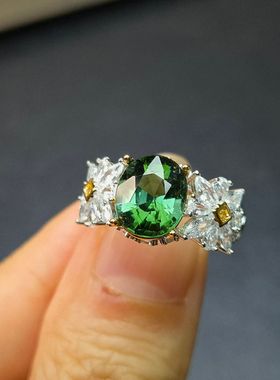 天然双色碧玺戒指蓝绿色碧玺稀少颜色重量2.65克拉尺寸7.8*9.2mm