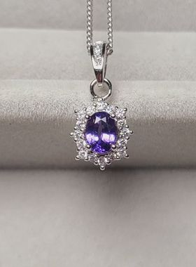 天然紫色蓝宝石吊坠紫玫色戒指ab款天然的颜色宝石4*5mm925银镶