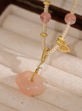 粉色桃花玉祥云锁项链女款吊坠新