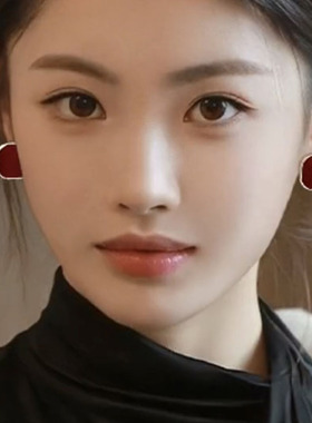 复古红色方形耳钉2026新款银针女