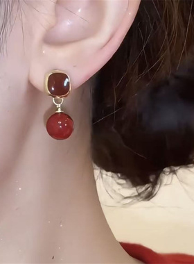秋冬红色方块珍珠耳环女轻奢高级