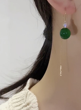 绿色猫眼石珠子流苏耳线女银针防过敏高级轻奢复古耳环网红耳饰