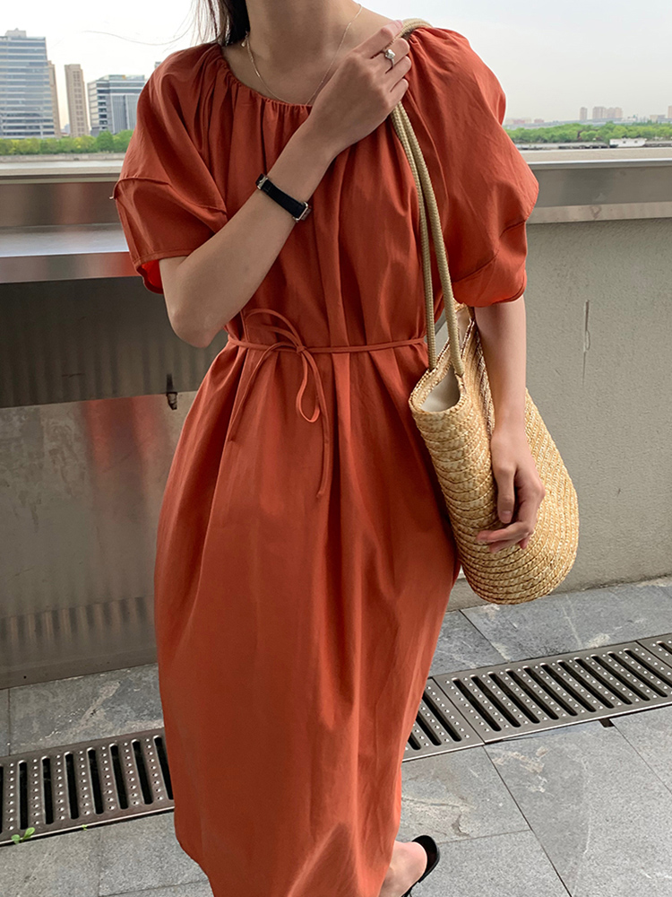 市舶司美的张扬韩国女装2024夏装新款短袖宽松中长款系带连衣裙-图3