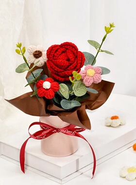 Knitted Flower Bouquet Crochet Rose Flowers Hugging Bucket