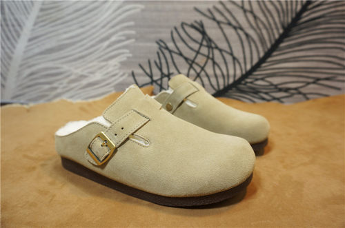 牛皮羊毛女士包头半拖鞋女冬季保暖平跟懒人一脚蹬博肯棉拖28-2C - 图3