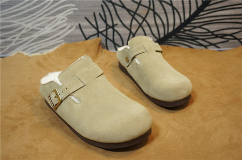 牛皮羊毛女士包头半拖鞋女冬季保暖平跟懒人一脚蹬博肯棉拖28-2C - 图0