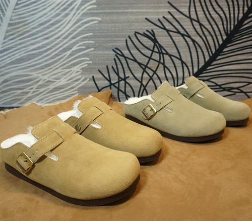 牛皮羊毛女士包头半拖鞋女冬季保暖平跟懒人一脚蹬博肯棉拖28-2C - 图1