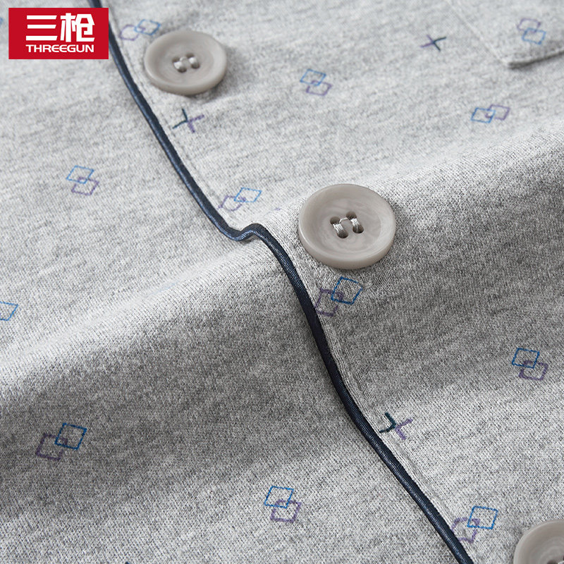 三枪男秋冬纯棉开襟翻领长袖睡衣 三枪群策睡衣/家居服套装