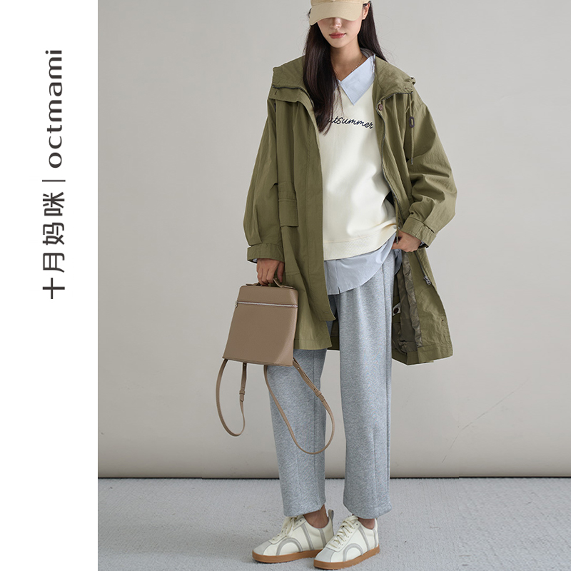 十月妈咪孕妇风衣2024新款春秋季外穿中长款连帽宽松遮肚外套秋装
