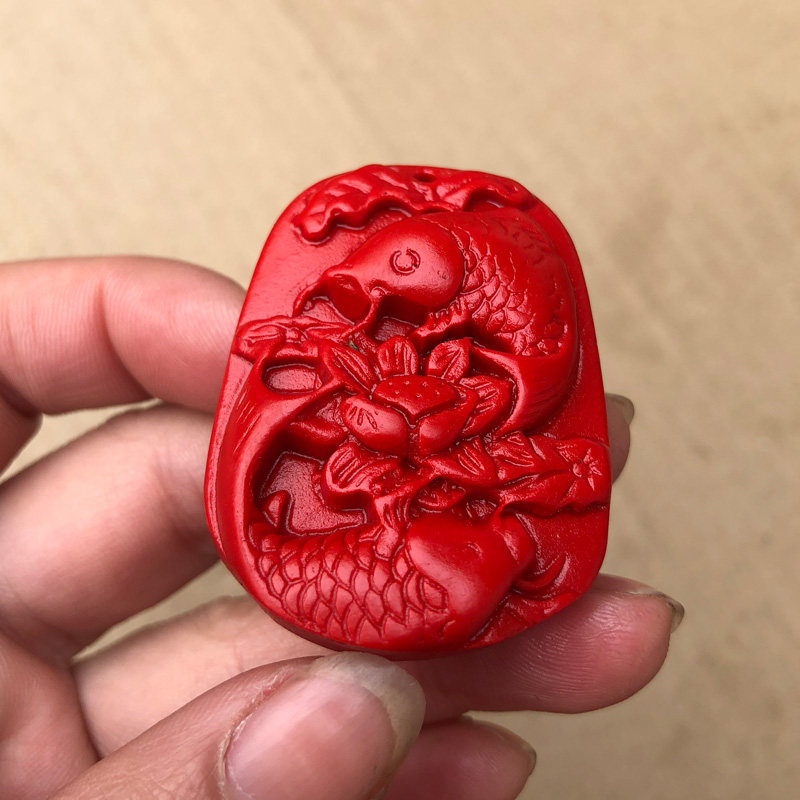 缺水补水项链 天然朱砂双鱼团座吊坠挂件莲花鱼证书
