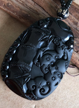 正宗黑曜石一鹿路有你一路顺项链竹节如意鹿夫妻缘份运吊坠送证书