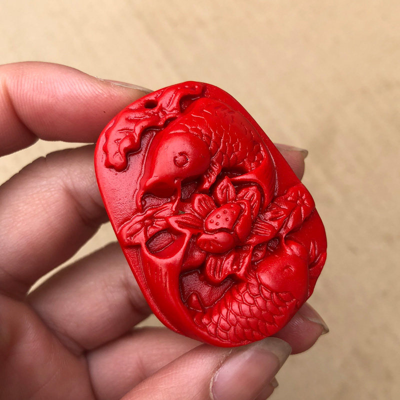 缺水补水项链 天然朱砂双鱼团座吊坠挂件莲花鱼证书