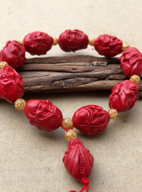 朱砂十八罗汉文玩手把件佛公念珠