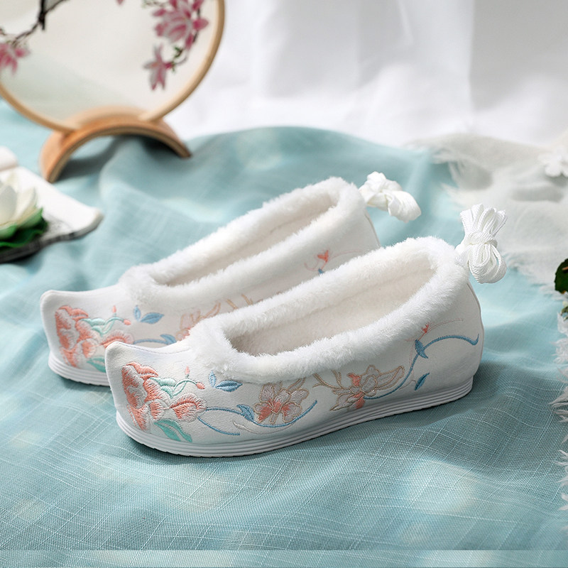 秋冬季古风汉服鞋复古毛口加绒低帮鞋女搭配宫廷汉服绑带增高单鞋,淘宝优惠券,粉丝福利购,淘宝优惠卷