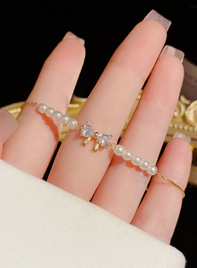 夏季新款 轻奢简约百搭蝴蝶结珍珠抽拉式手链 甜美高级感气质手环