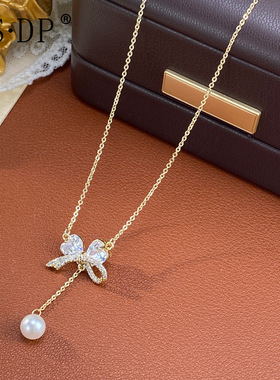精致时尚百搭锆石蝴蝶结珍珠流苏项链个性轻奢简约设计感颈链批发