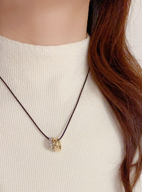 欧美个性气质时尚简约金银圆环黑绳项链轻奢独特设计感锁骨链配饰