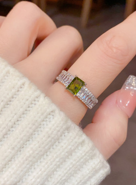 轻奢简约几何锆石绿色方形开口戒指气质时尚高级感百搭指环批发