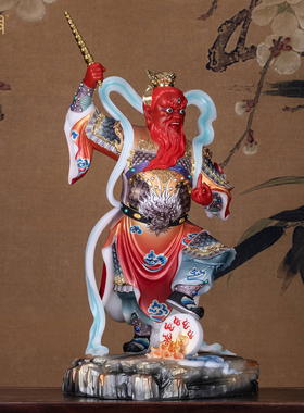 汉白玉彩绘王灵官神像供奉摆件